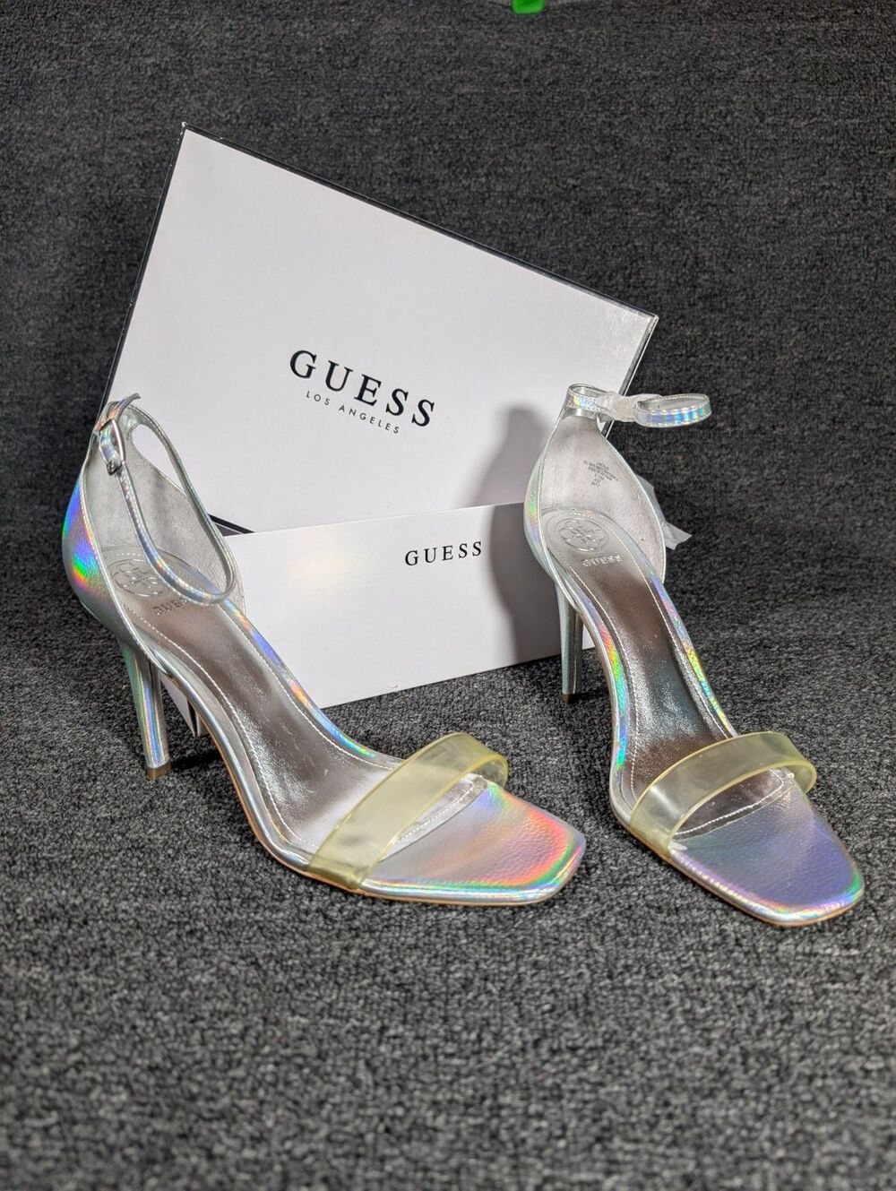 GUESS Womens 9.5 Silver Square Toe Stiletto Heeled Sandal Ankle Strap - Picture 2 of 8